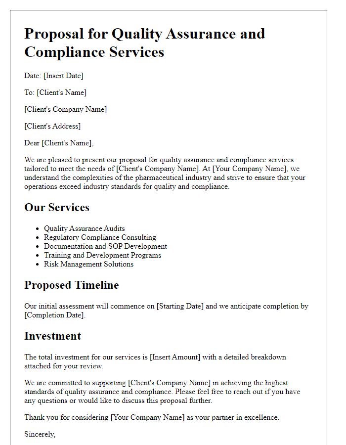 Letter template of pharmaceutical outsourcing service proposal for quality assurance and compliance.