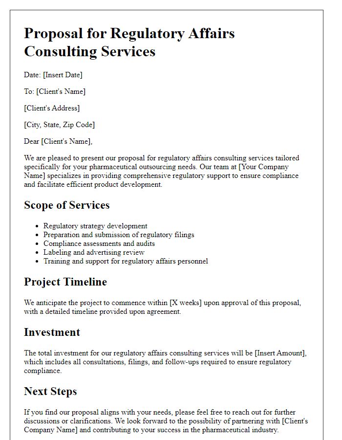 Letter template of pharmaceutical outsourcing service proposal for regulatory affairs consulting.