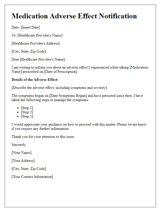 Letter template of medication adverse effect notification to healthcare provider