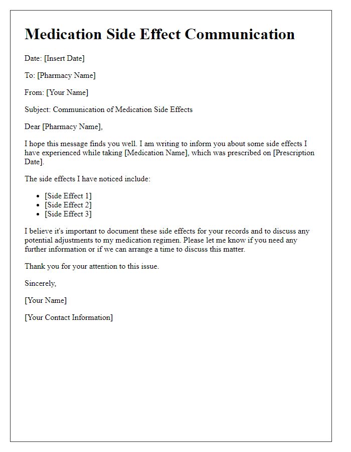 Letter template of medication side effect communication for pharmacy