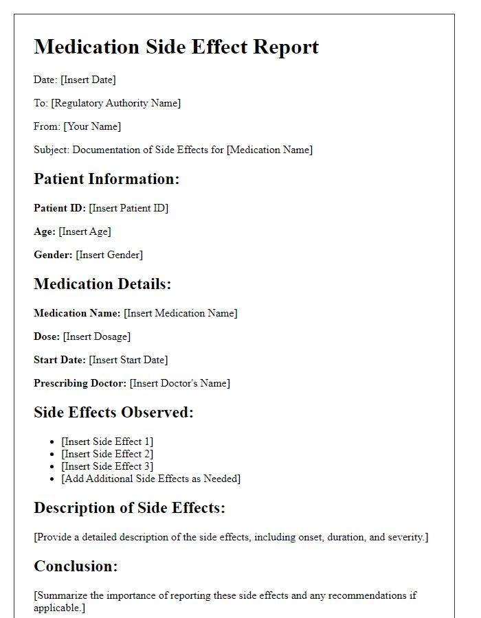 Letter template of medication side effect documentation for regulatory authorities