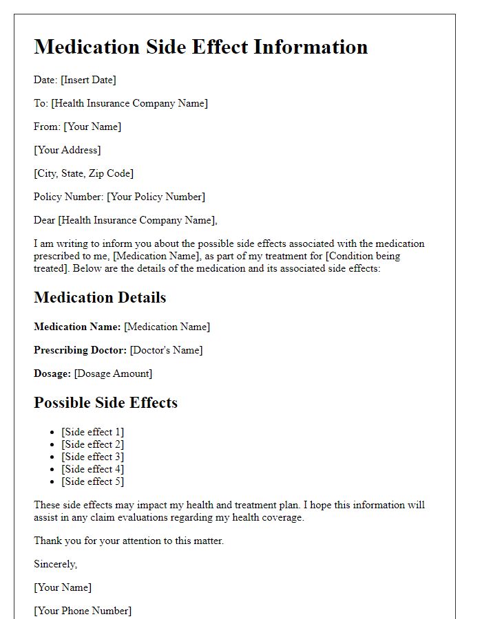 Letter template of medication side effect information for health insurance