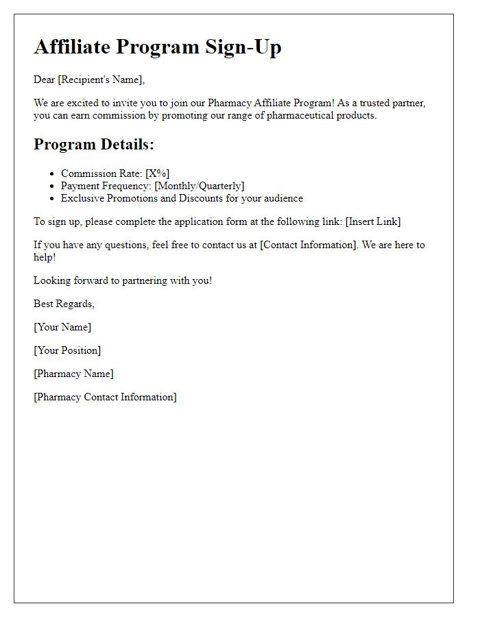 Letter template of pharmacy affiliate program sign-up