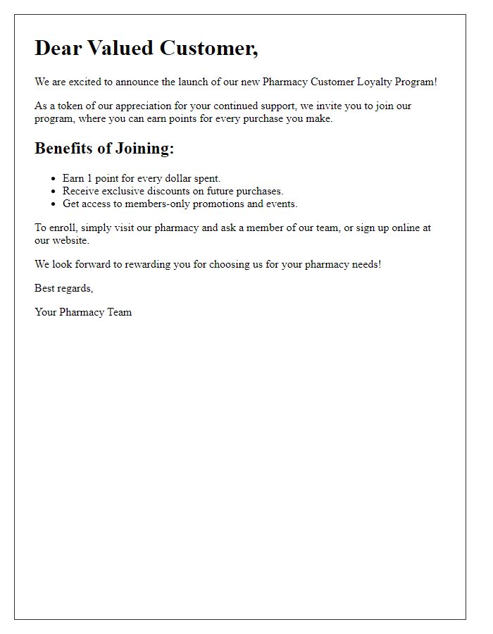 Letter template of pharmacy customer loyalty program initiation