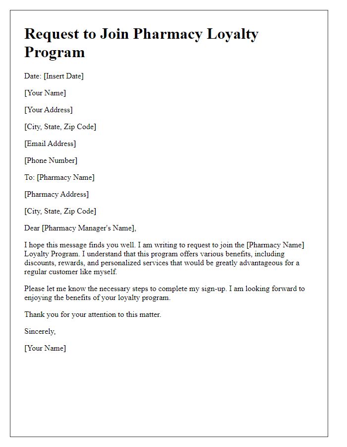 Letter template of pharmacy loyalty program sign-up request