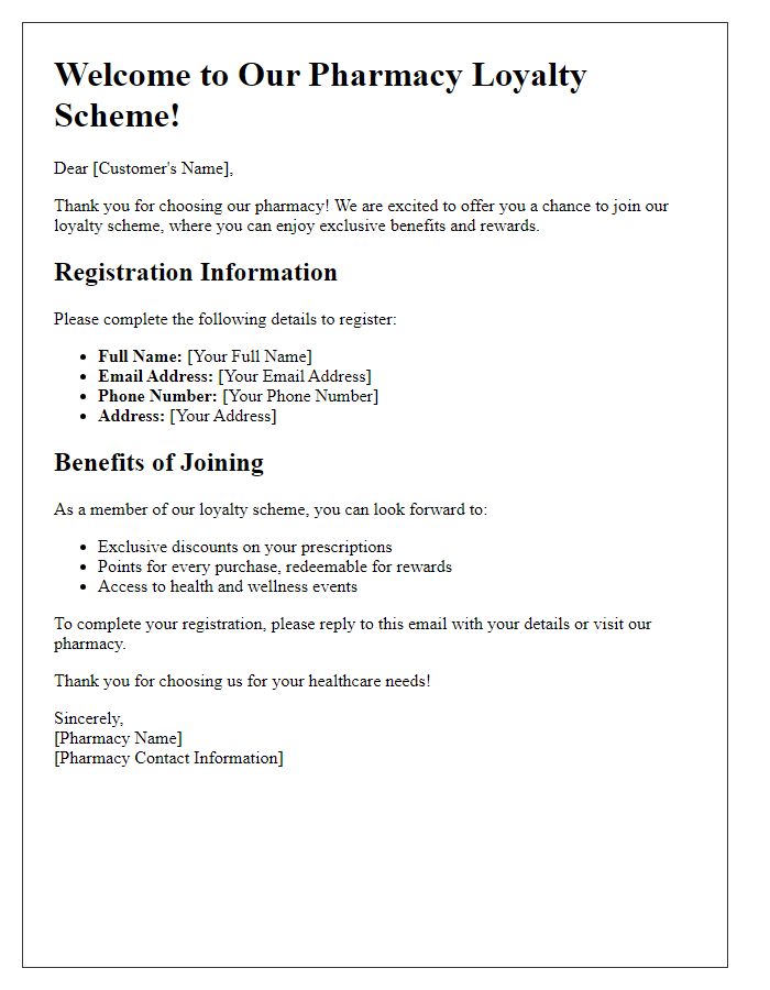 Letter template of pharmacy loyalty scheme registration