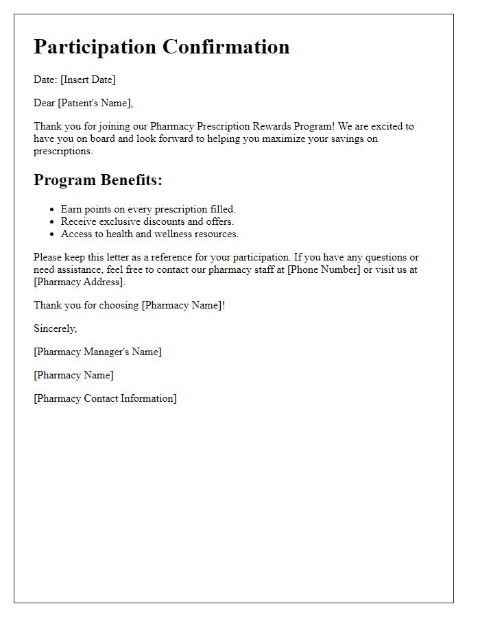 Letter template of pharmacy prescription rewards program participation