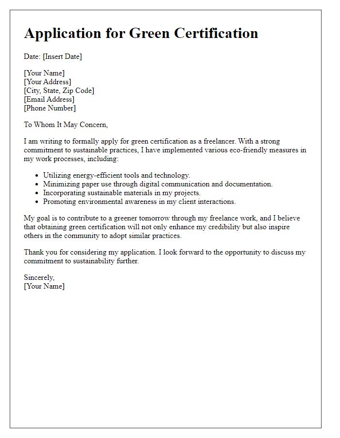 Letter template of an application for green certification as a freelancer