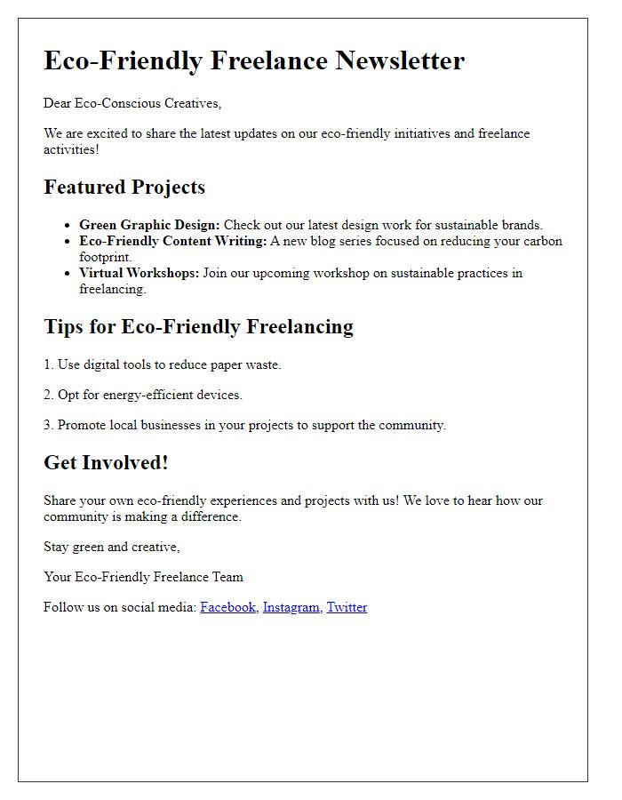 Letter template of a newsletter update on eco-friendly freelance activities