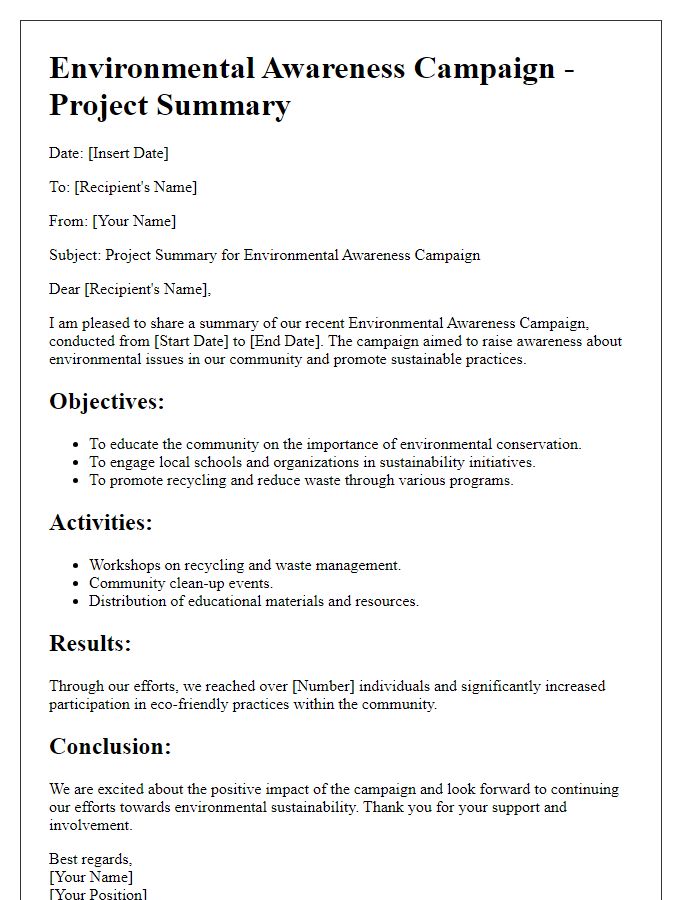 Letter template of a project summary for an environmental awareness campaign