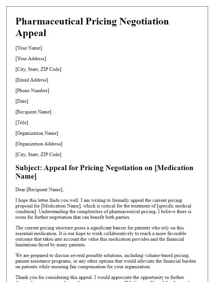 Letter template of pharmaceutical pricing negotiation appeal