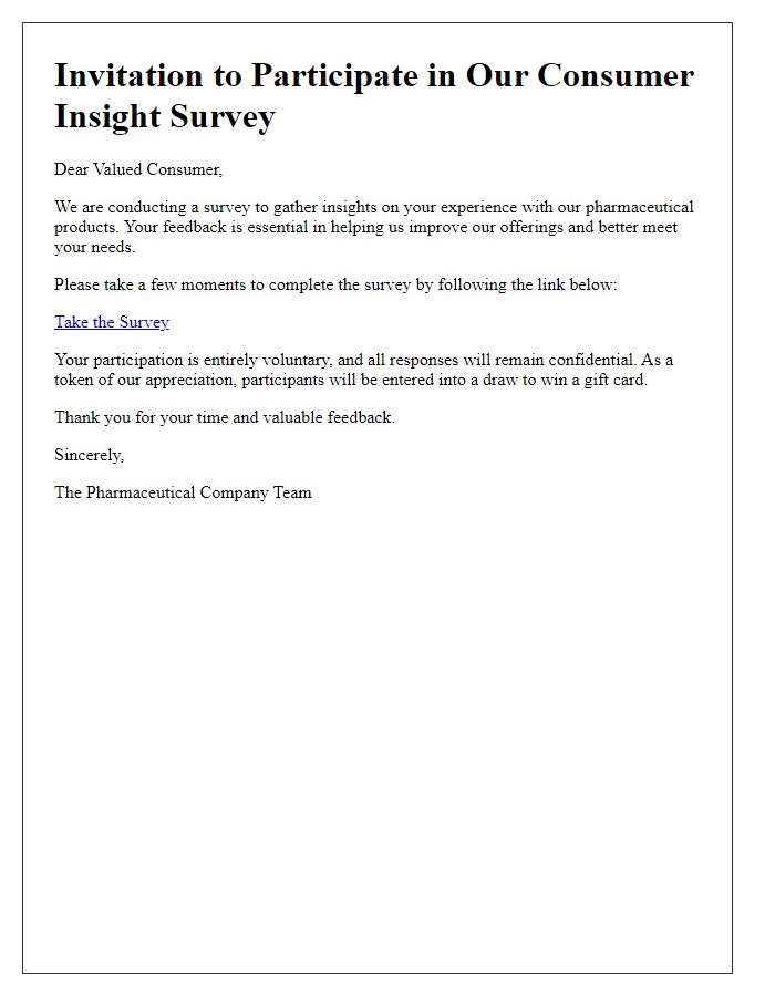 Letter template of pharmaceutical product consumer insight survey.