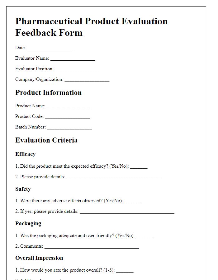 Letter template of pharmaceutical product evaluation feedback form.