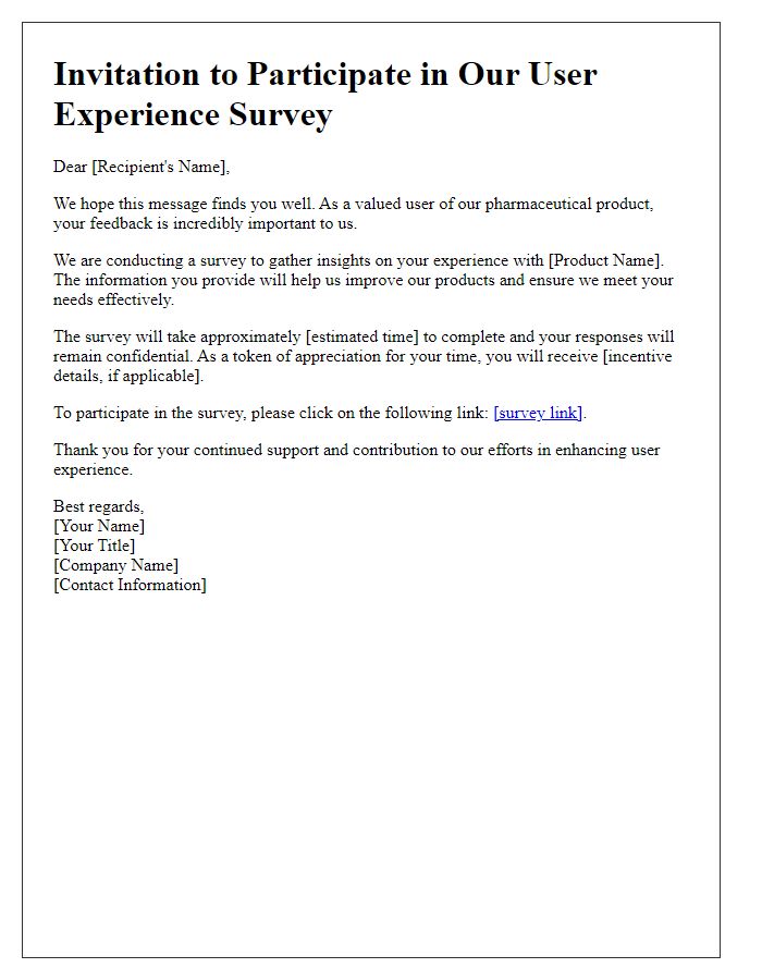 Letter template of pharmaceutical product user experience survey invitation.