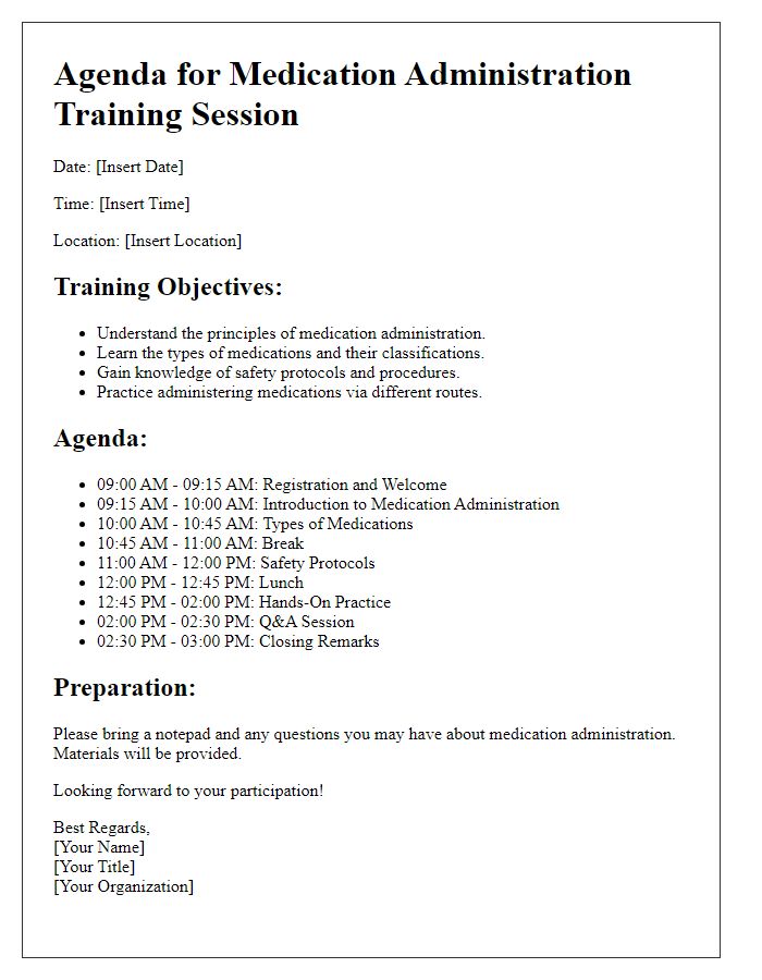 Letter template of agenda for medication administration training session.