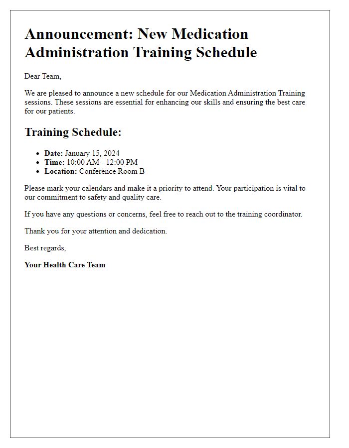 Letter template of announcement for new medication administration training schedule.