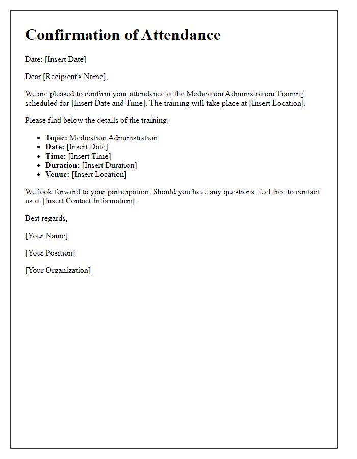 Letter template of confirmation for medication administration training attendance.