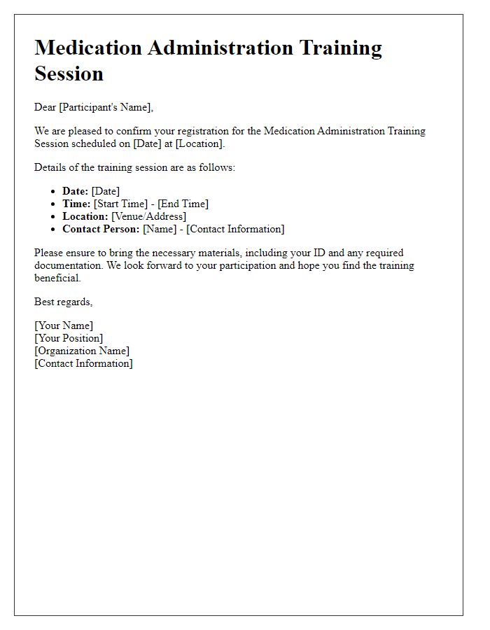 Letter template of participant registration for medication administration training session.