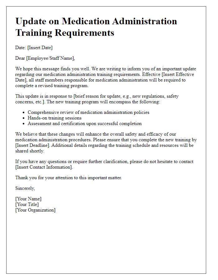 Letter template of policy update related to medication administration training requirements.