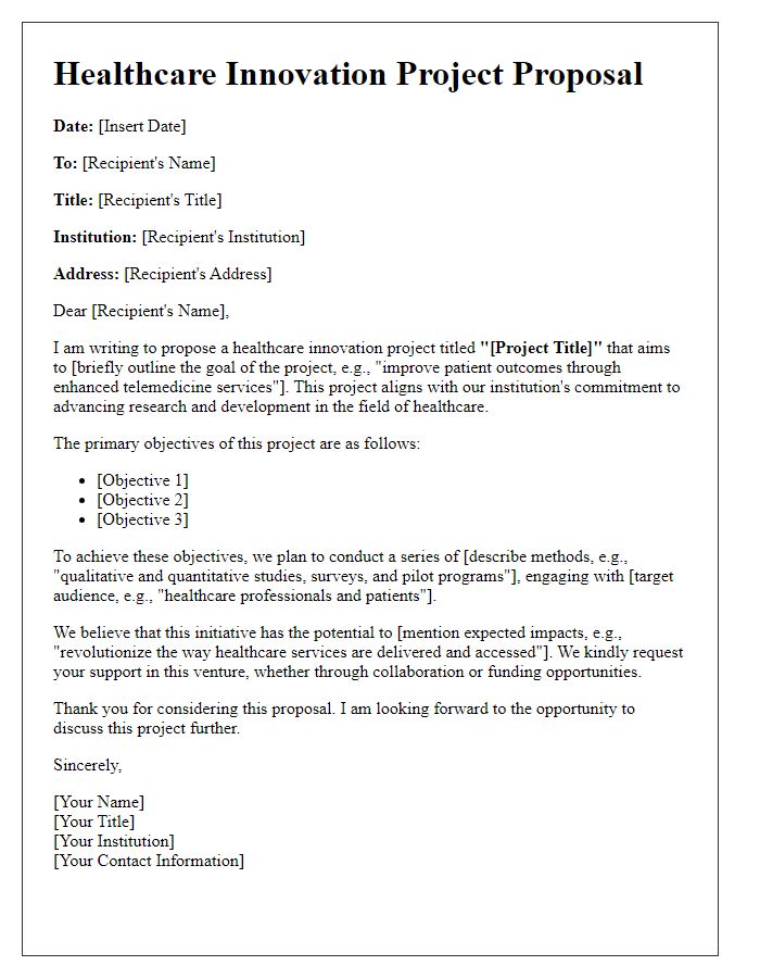 Letter template of healthcare innovation project proposal for academic research