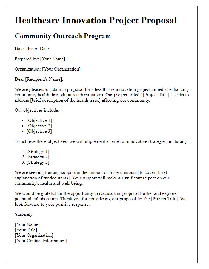 Letter template of healthcare innovation project proposal for community outreach