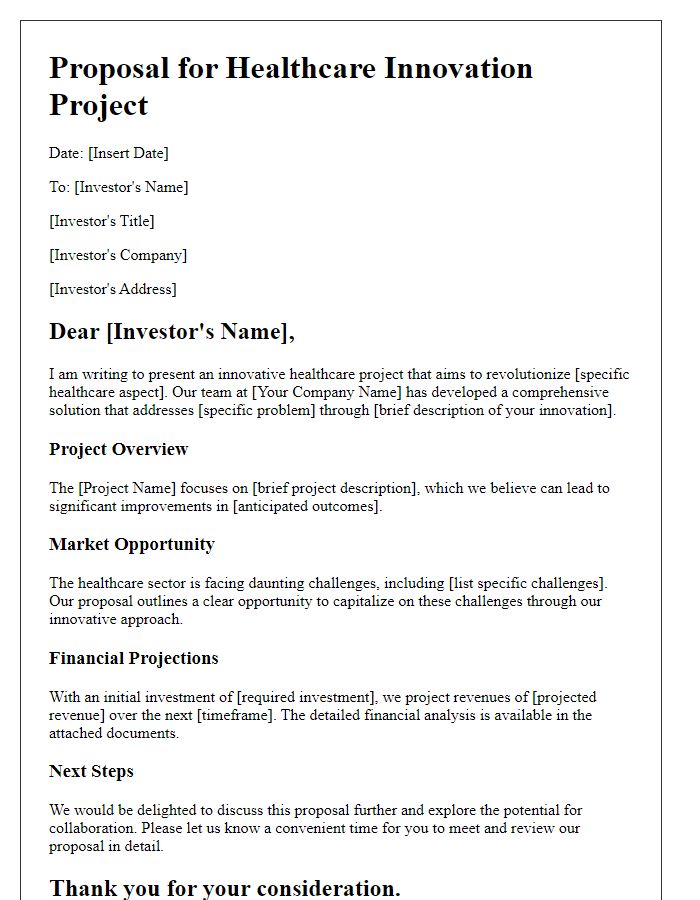 Letter template of healthcare innovation project proposal for investor presentation