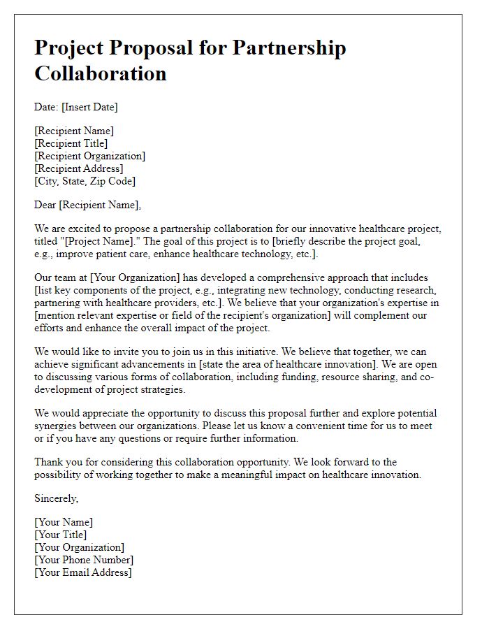 Letter template of healthcare innovation project proposal for partnership collaboration