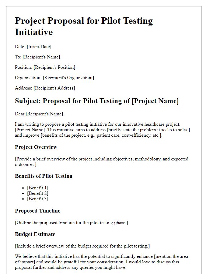 Letter template of healthcare innovation project proposal for pilot testing initiative