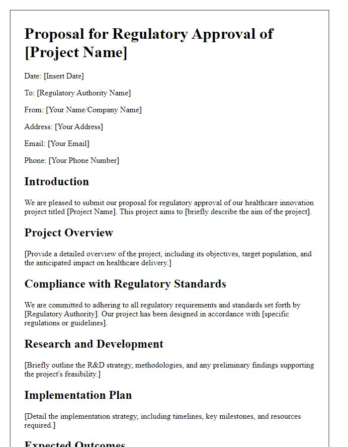 Letter template of healthcare innovation project proposal for regulatory approval