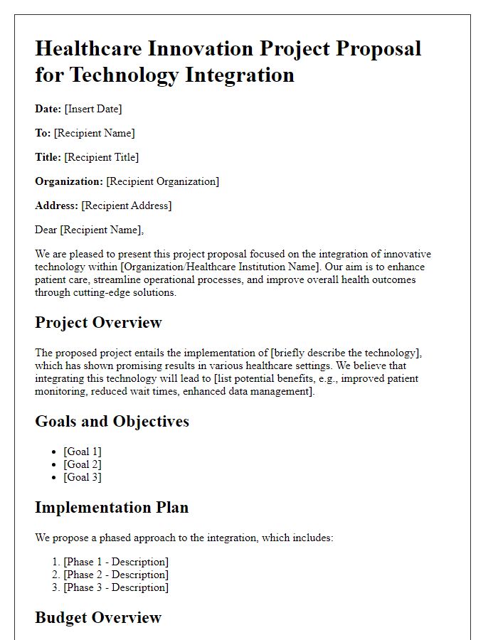 Letter template of healthcare innovation project proposal for technology integration