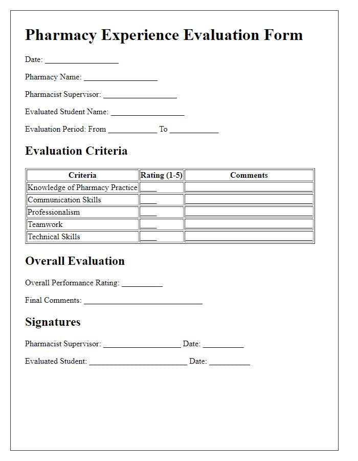 Letter template of Pharmacy Experience Evaluation Form