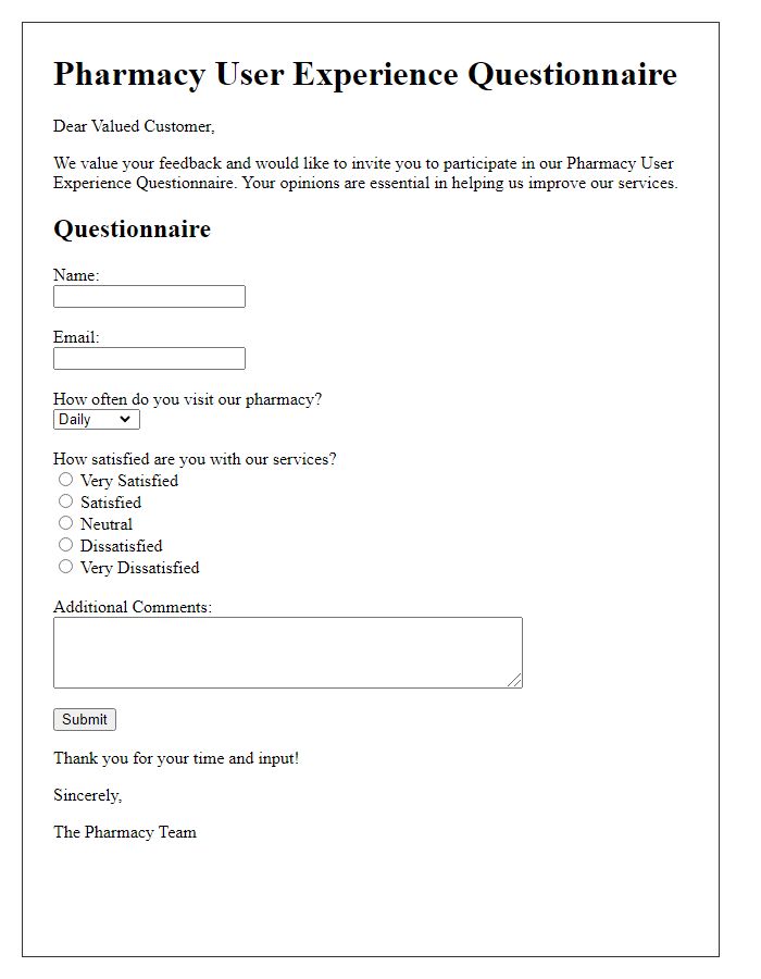 Letter template of Pharmacy User Experience Questionnaire