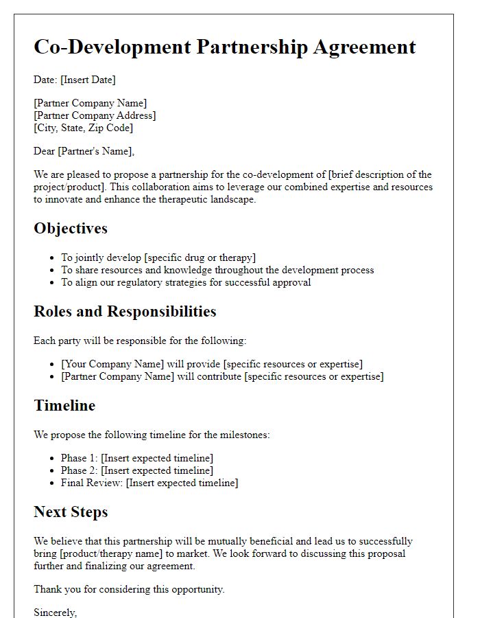 Letter template of pharmaceutical co-development partnership