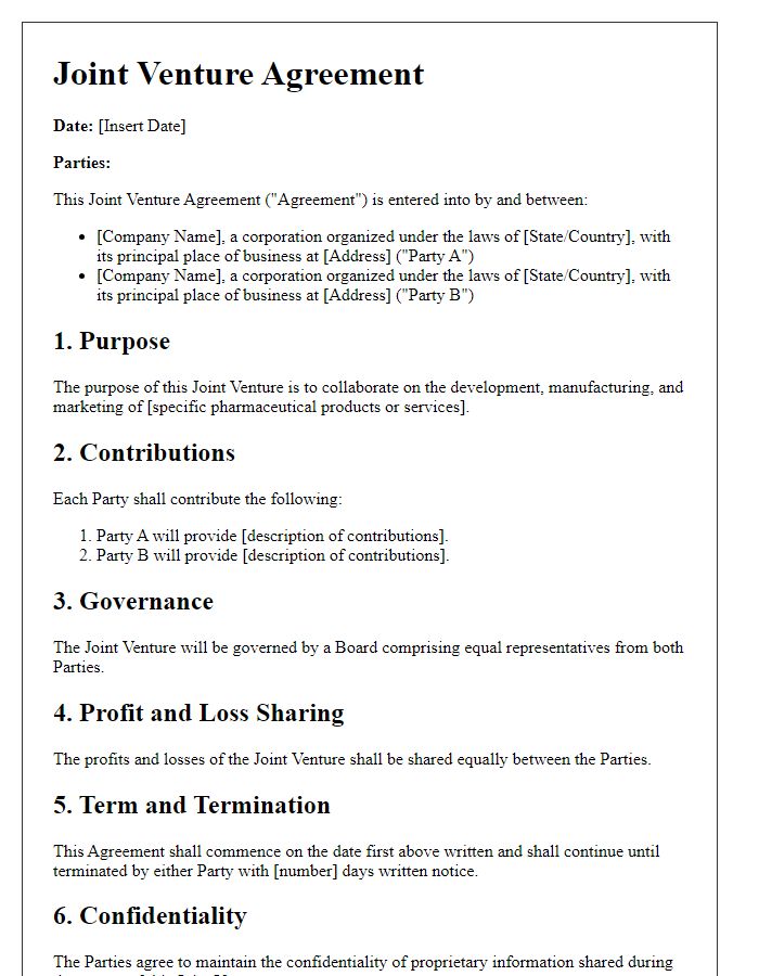 Letter template of pharmaceutical industry joint venture agreement