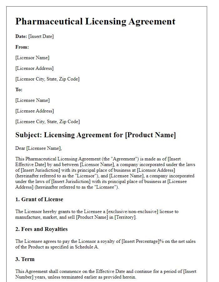 Letter template of pharmaceutical licensing agreement