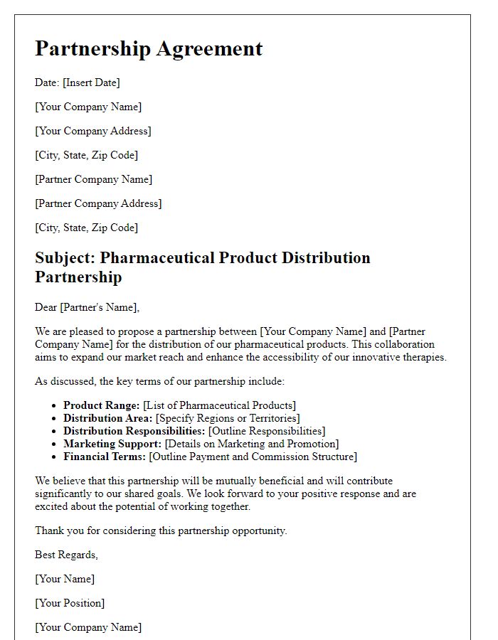 Letter template of pharmaceutical product distribution partnership