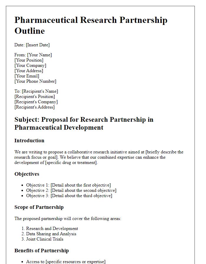 Letter template of pharmaceutical research partnership outline