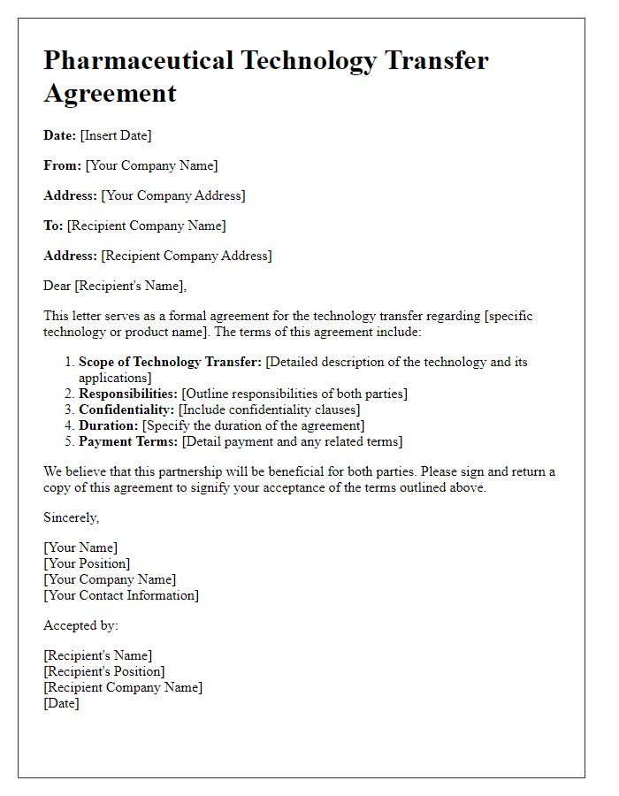 Letter template of pharmaceutical technology transfer agreement