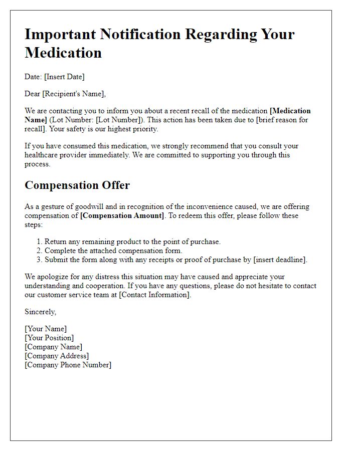 Letter template of medication recall and compensation offer