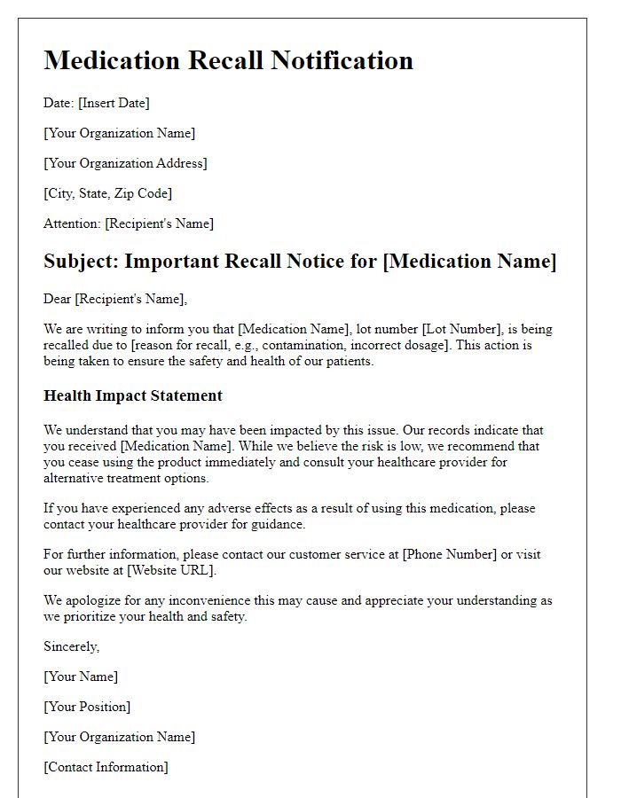 Letter template of medication recall and health impact statement