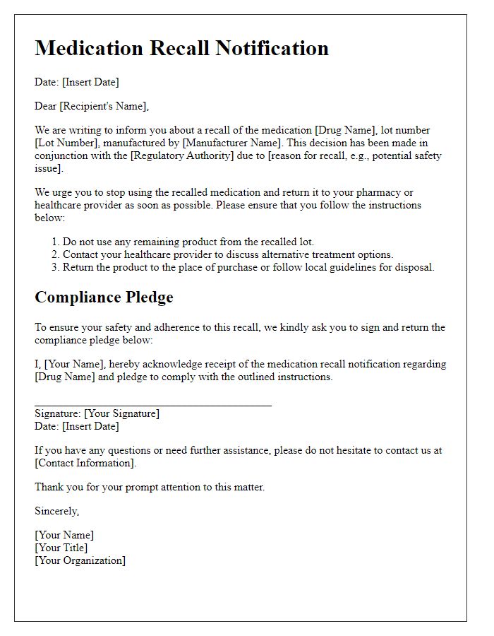 Letter template of medication recall communication and compliance pledge