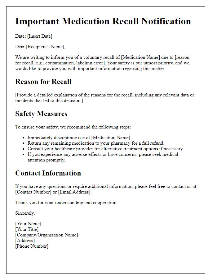 Letter template of medication recall explanation and safety measures