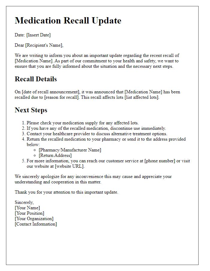 Letter template of medication recall update and next steps