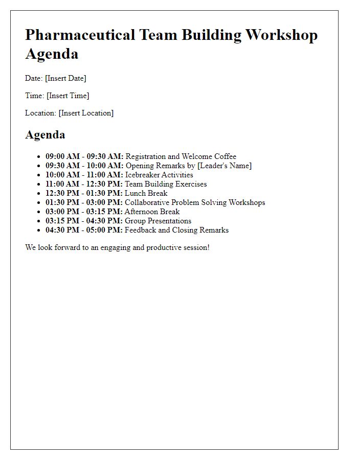 Letter template of agenda for pharmaceutical team building workshop