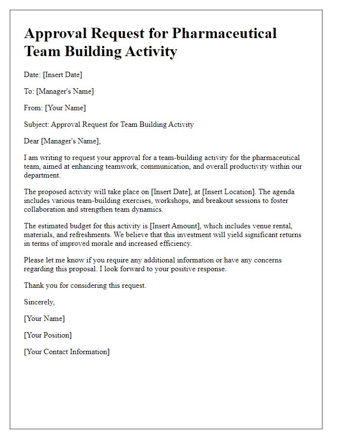 Letter template of approval request for pharmaceutical team building activity