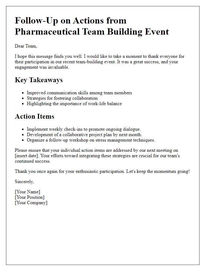 Letter template of follow-up on actions from pharmaceutical team building event