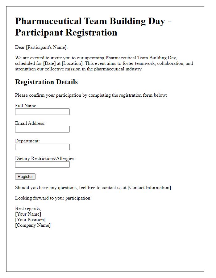 Letter template of participant registration for pharmaceutical team building day