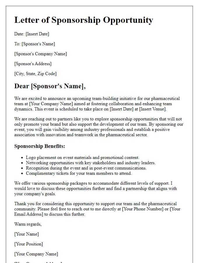 Letter template of sponsorship opportunity for pharmaceutical team building initiative