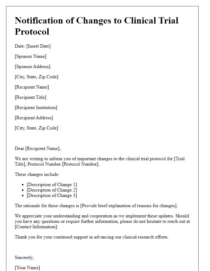 Letter template of changes to clinical trial protocol