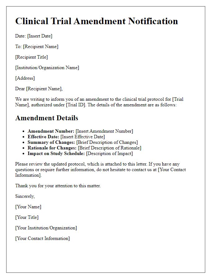 Letter template of clinical trial amendment details